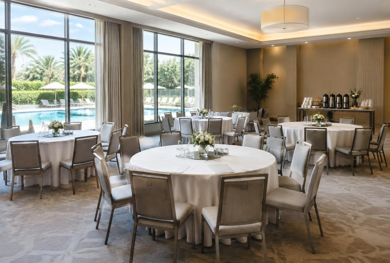 Sala de eventos montada com mesas redondas e vista para a piscina